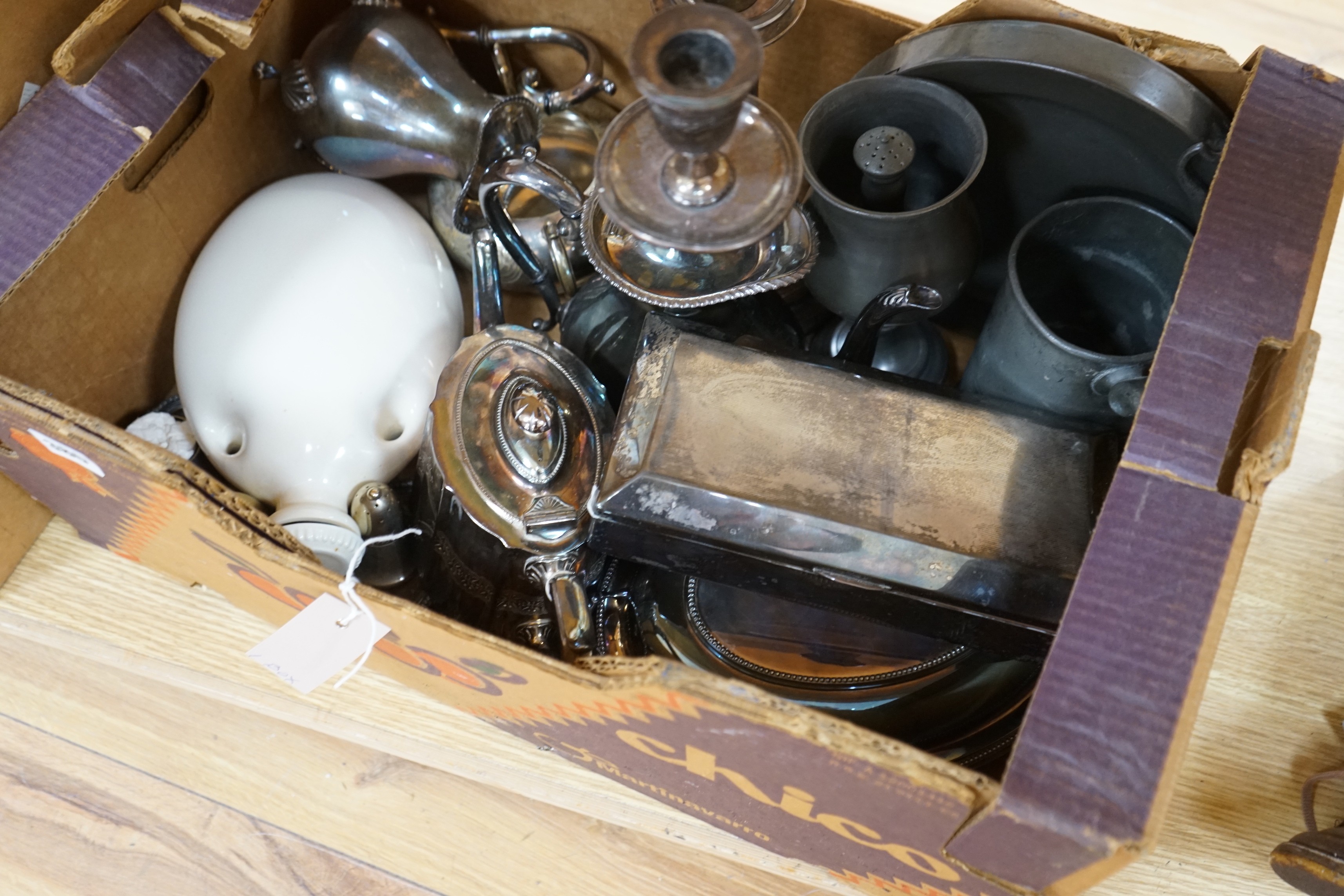 A mixed assortment of silver plated ware, pewter etc